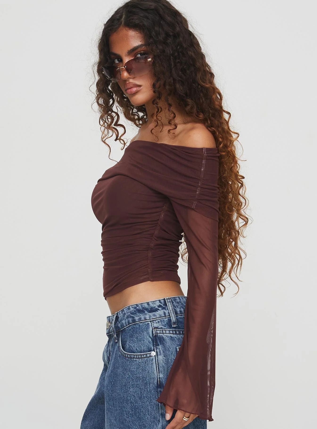 Serenah Mesh Off The Shoulder Top Brown - Image 4