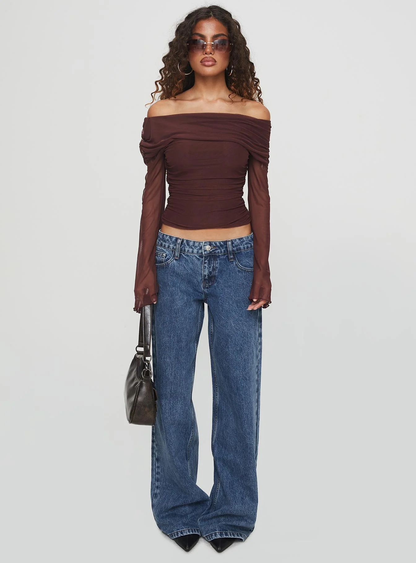 Serenah Mesh Off The Shoulder Top Brown - Image 7