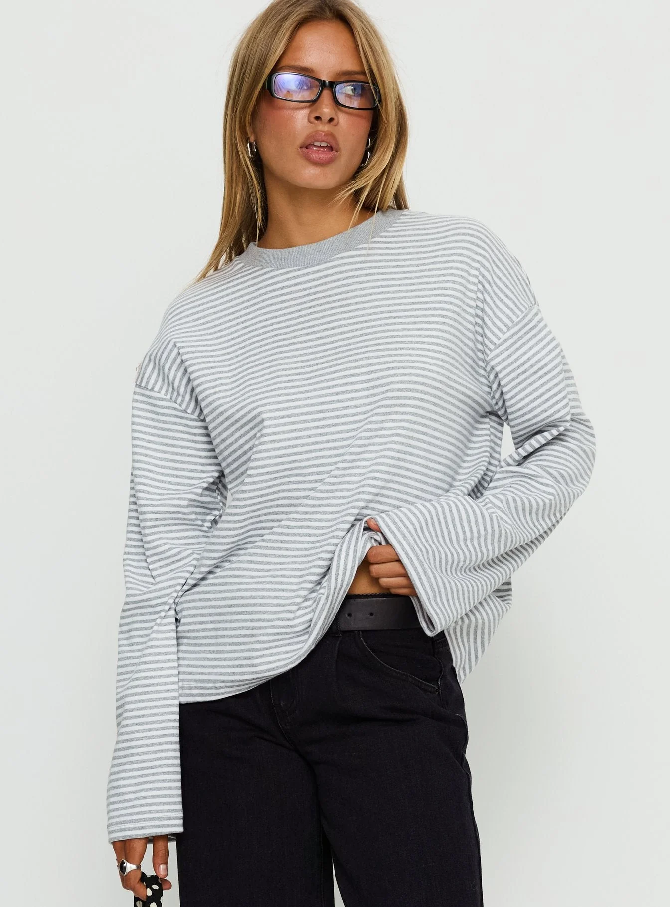 Settle Down Long Sleeve Top Grey / White Stripe - Image 3