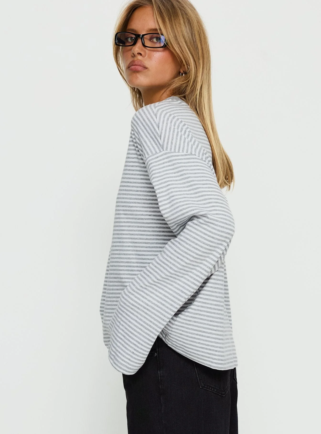 Settle Down Long Sleeve Top Grey / White Stripe - Image 5