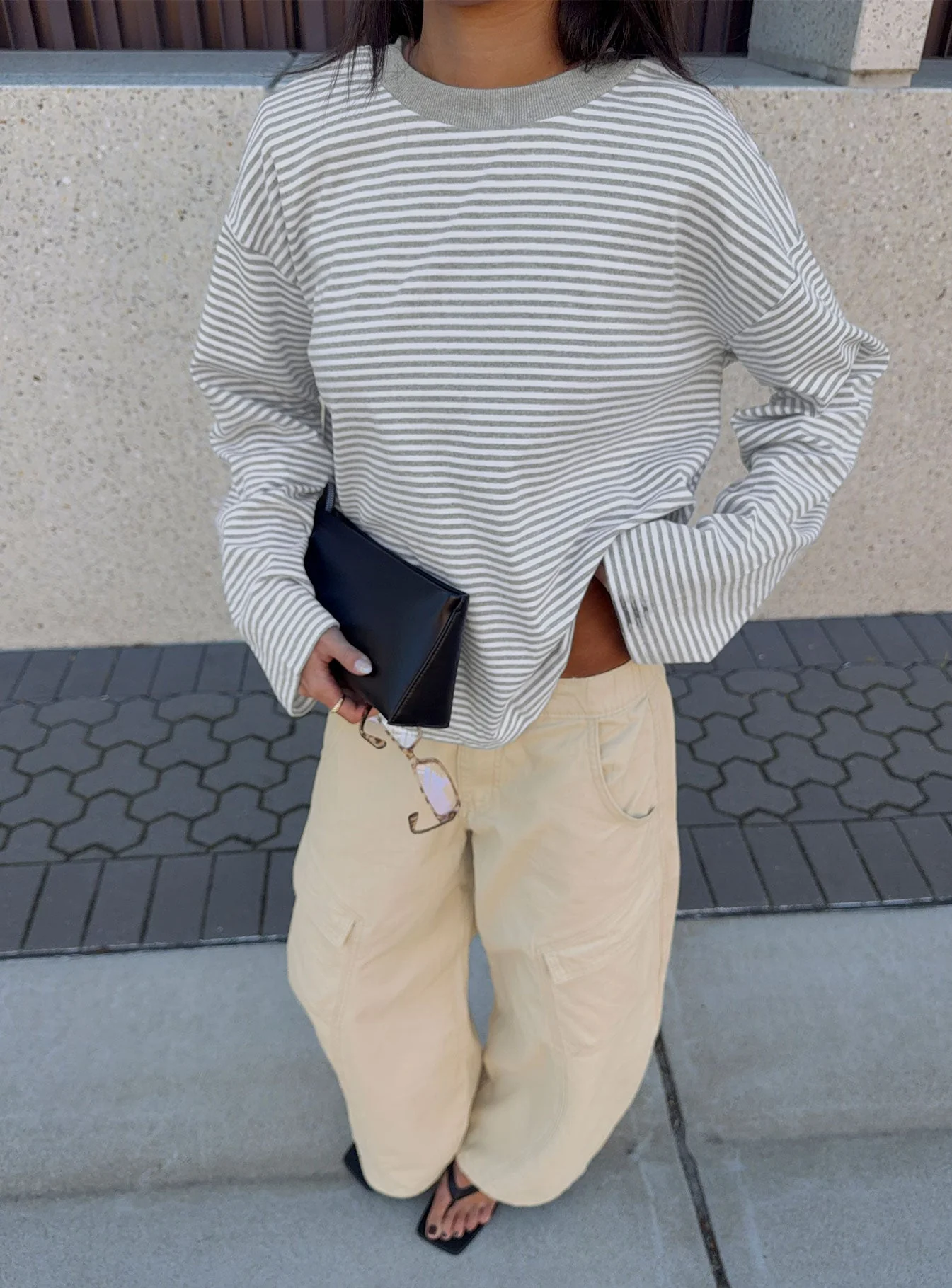 Settle Down Long Sleeve Top Grey / White Stripe - Image 9