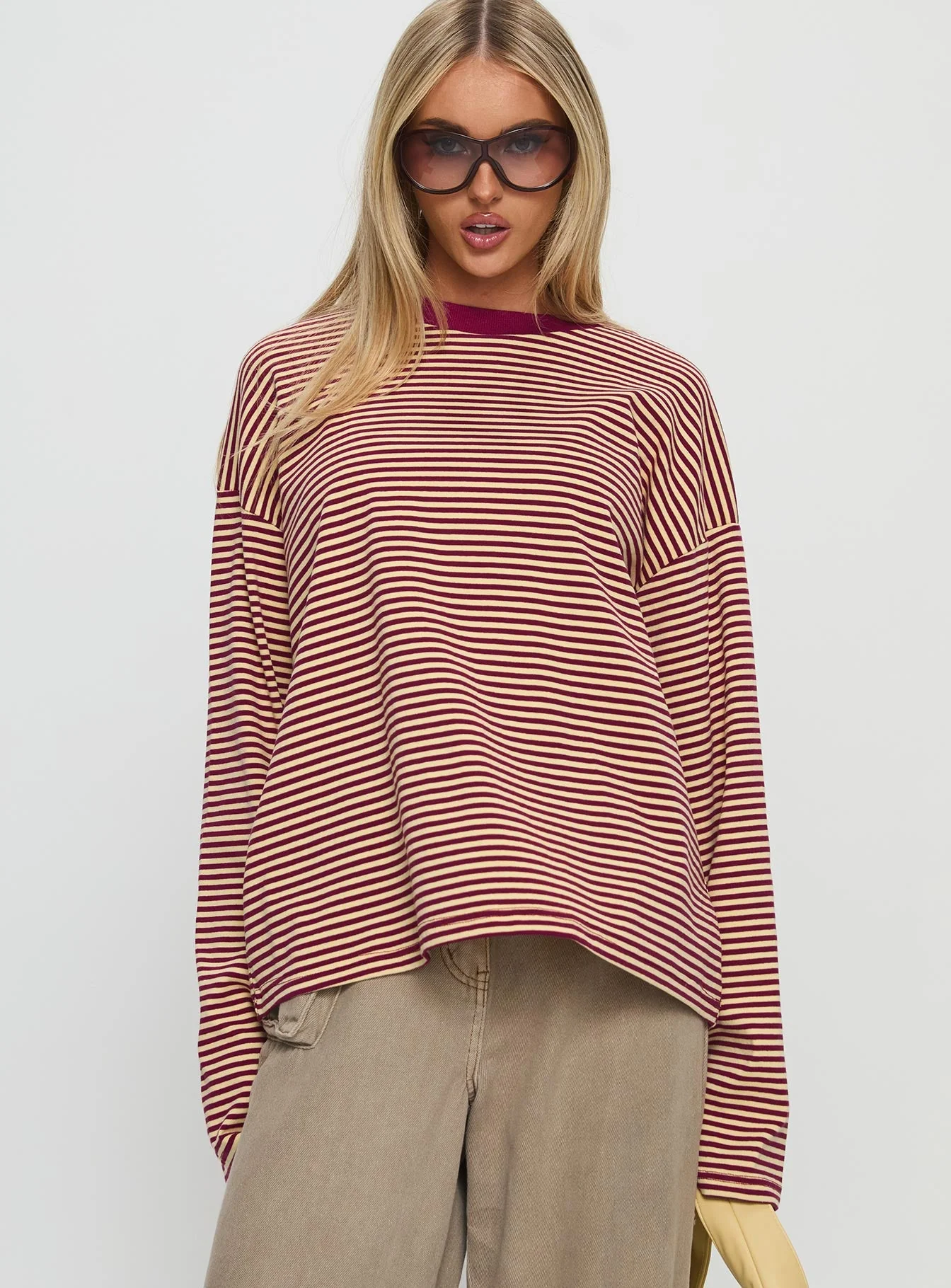 Settle Down Long Sleeve Top Lemon / Burgundy Stripe - Image 2