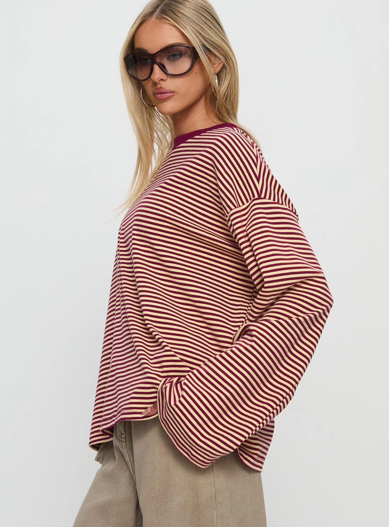 Settle Down Long Sleeve Top Lemon / Burgundy Stripe - Image 4