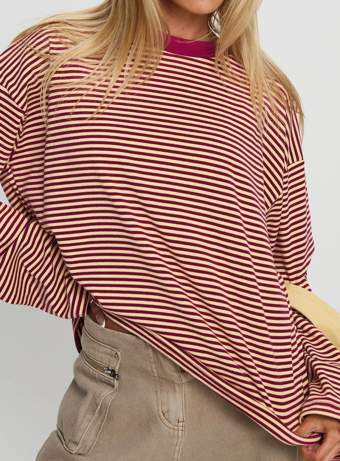 Settle Down Long Sleeve Top Lemon / Burgundy Stripe - Image 6