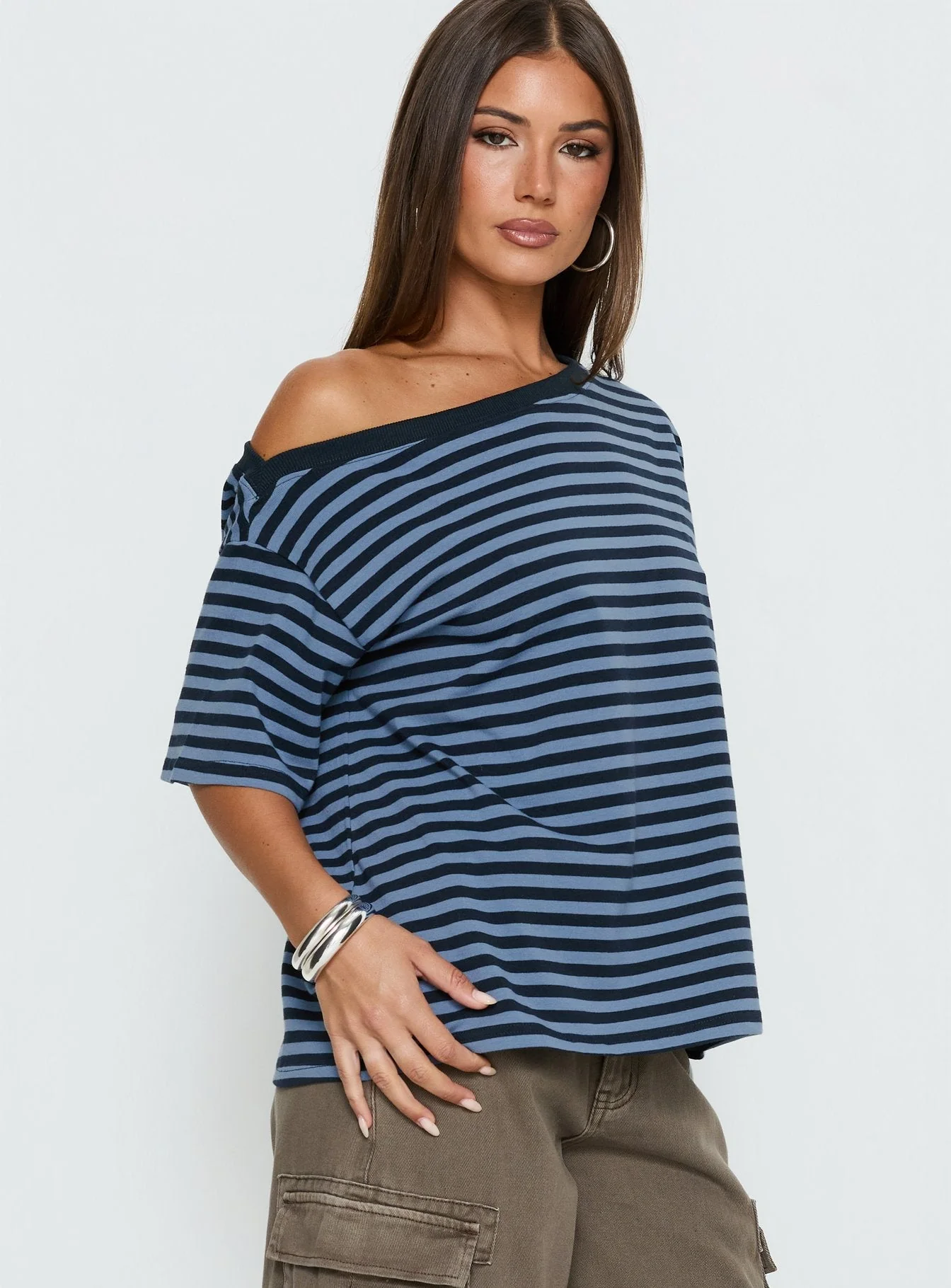 Settle Down One Shoulder Top Blue Stripe - Image 4