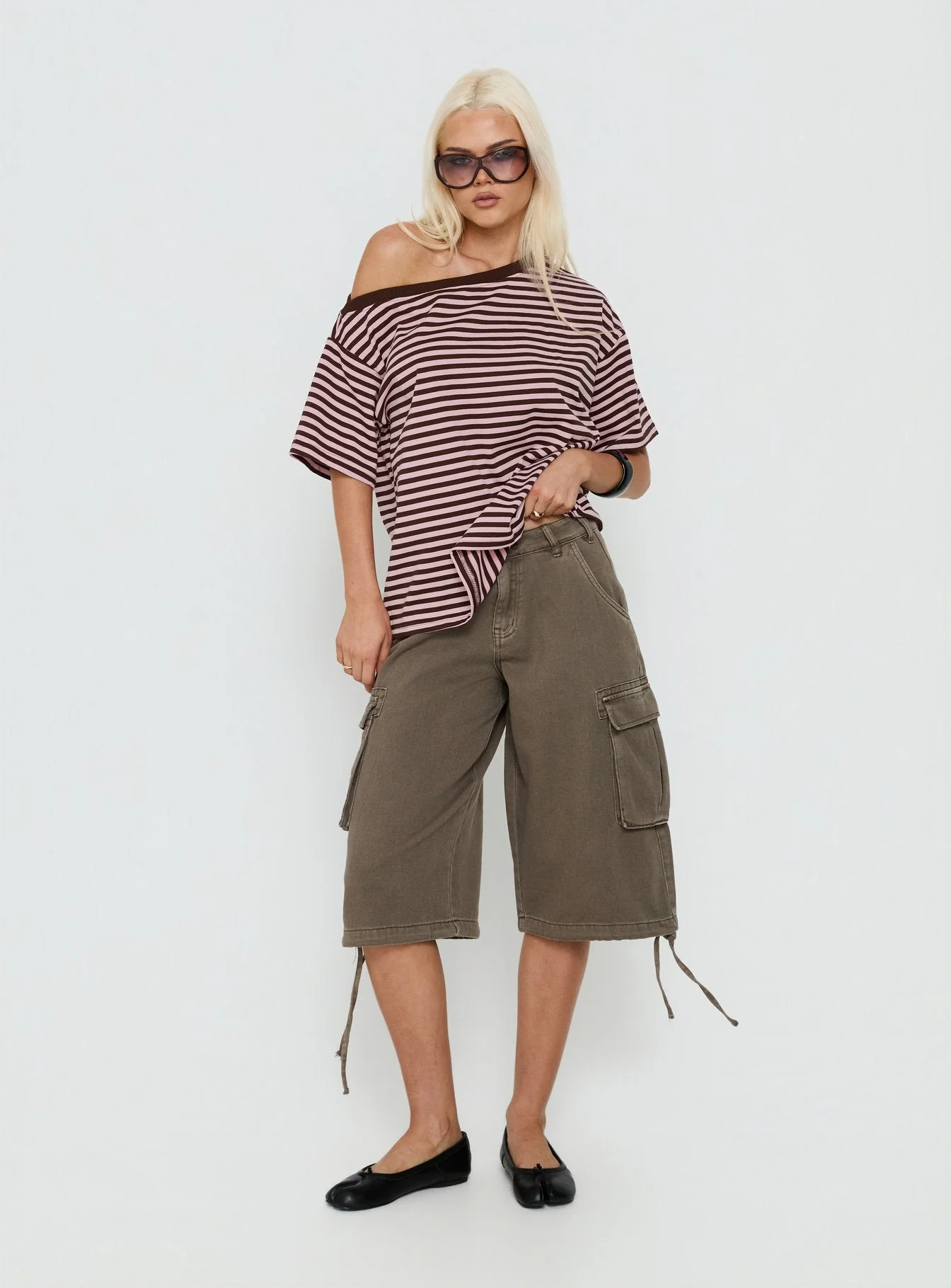 Settle Down One Shoulder Top Pink / Chocolate Stripe - Image 2