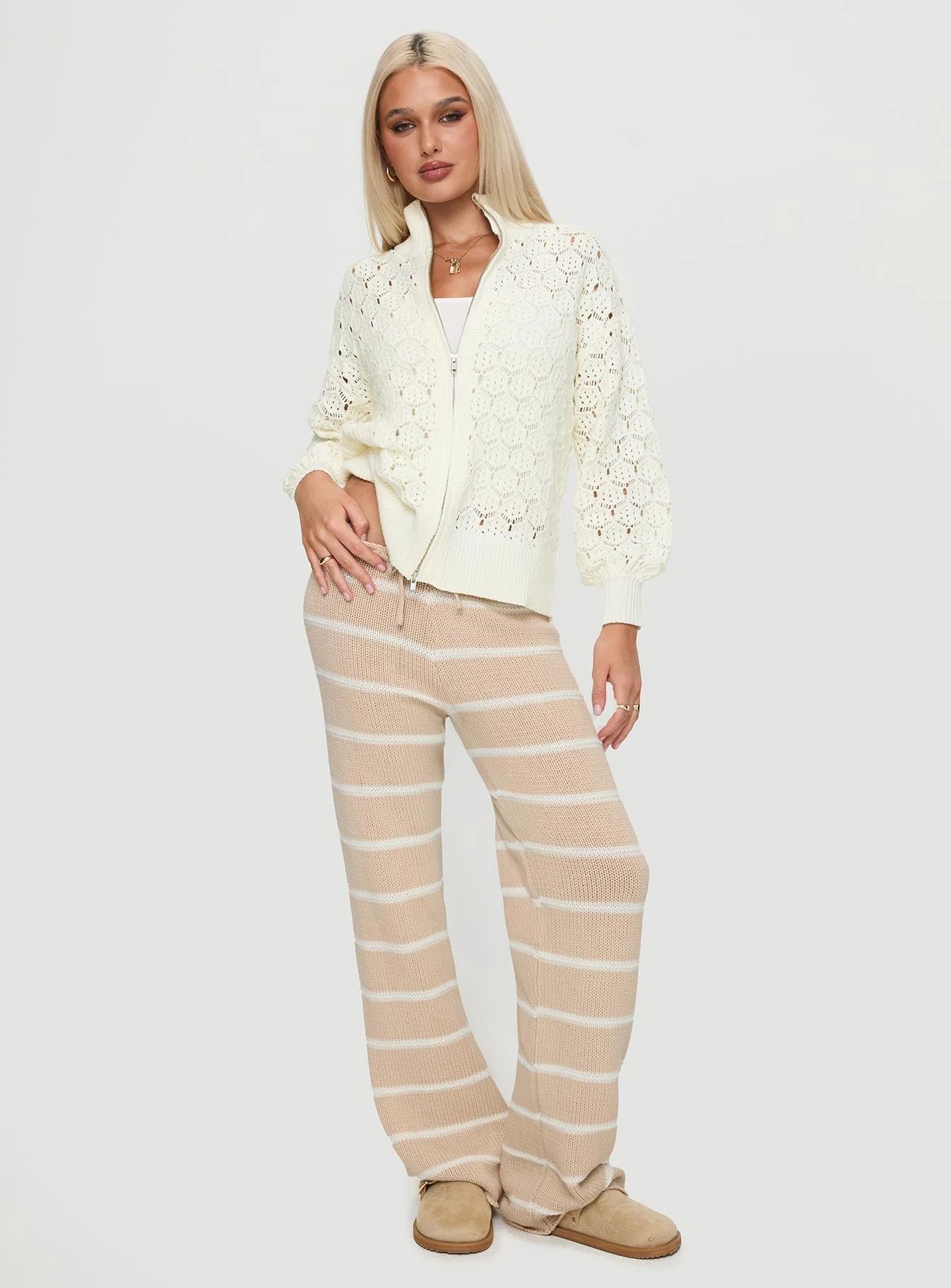 Sirena Zip Through Knit Sweater Cream - Image 3
