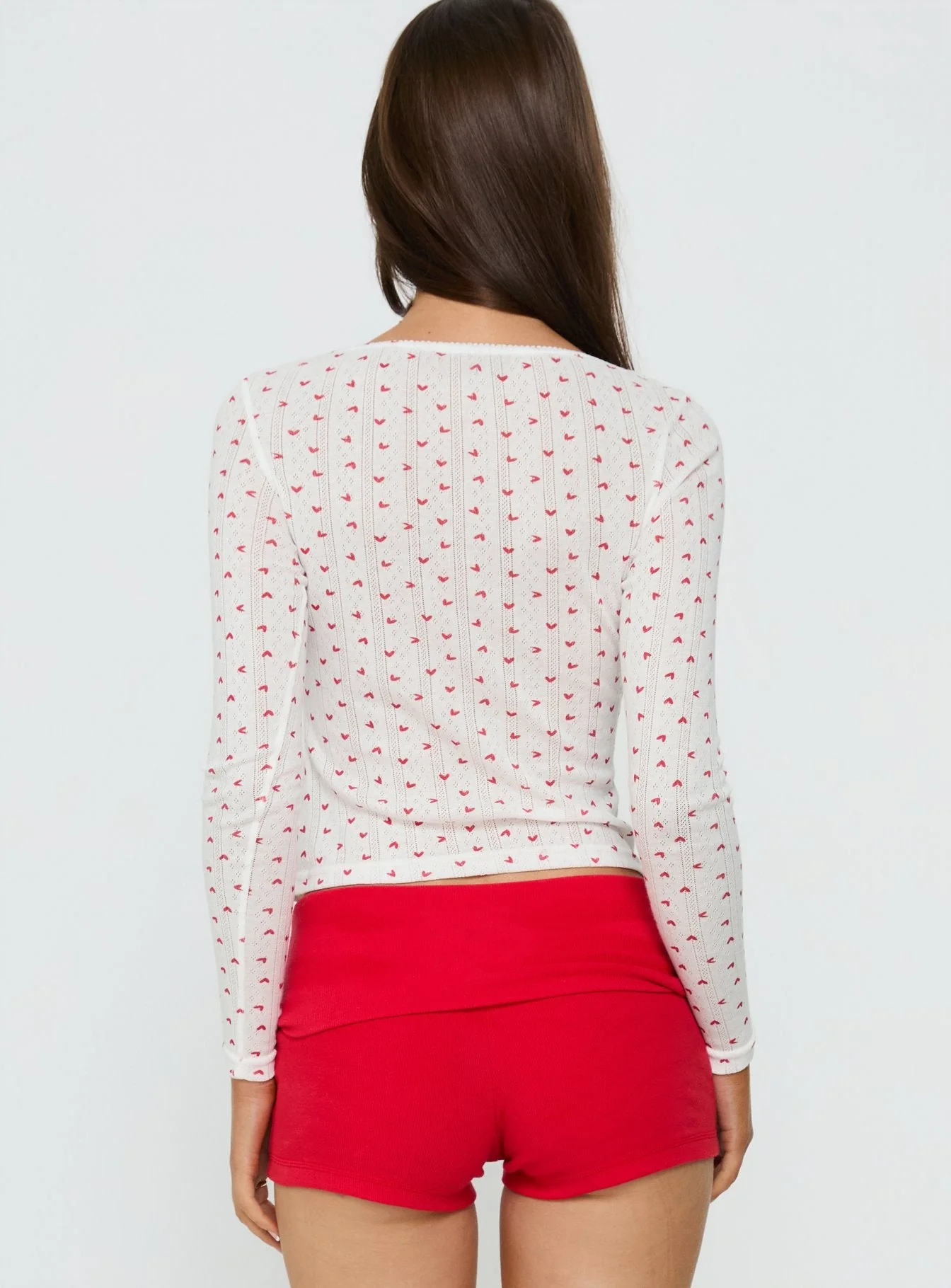 Sleepytea Pointelle Sleep Long Sleeve Top White / Red - Image 4
