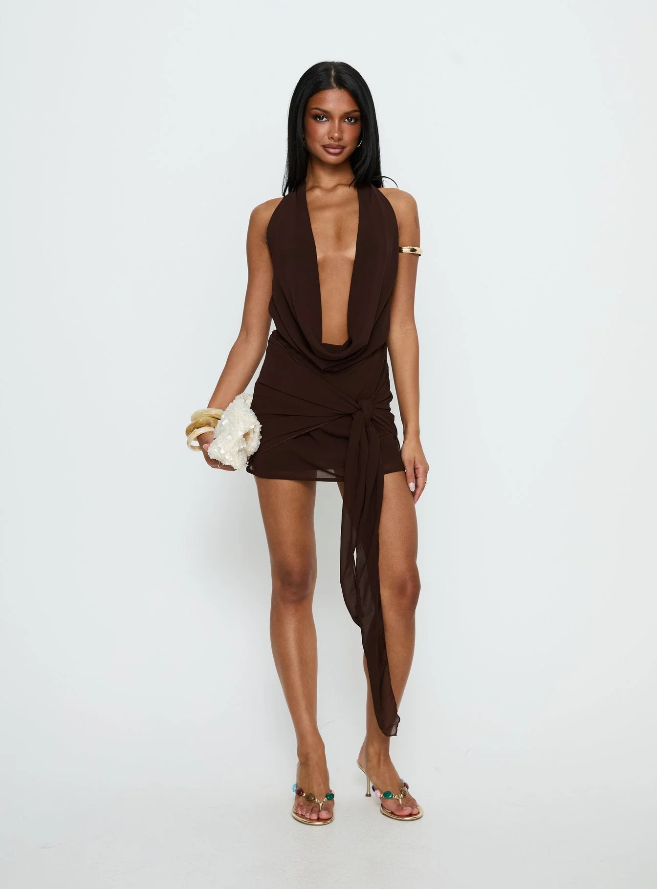 Snakepit Halter Plunge Mini Dress Chocolate - Image 3