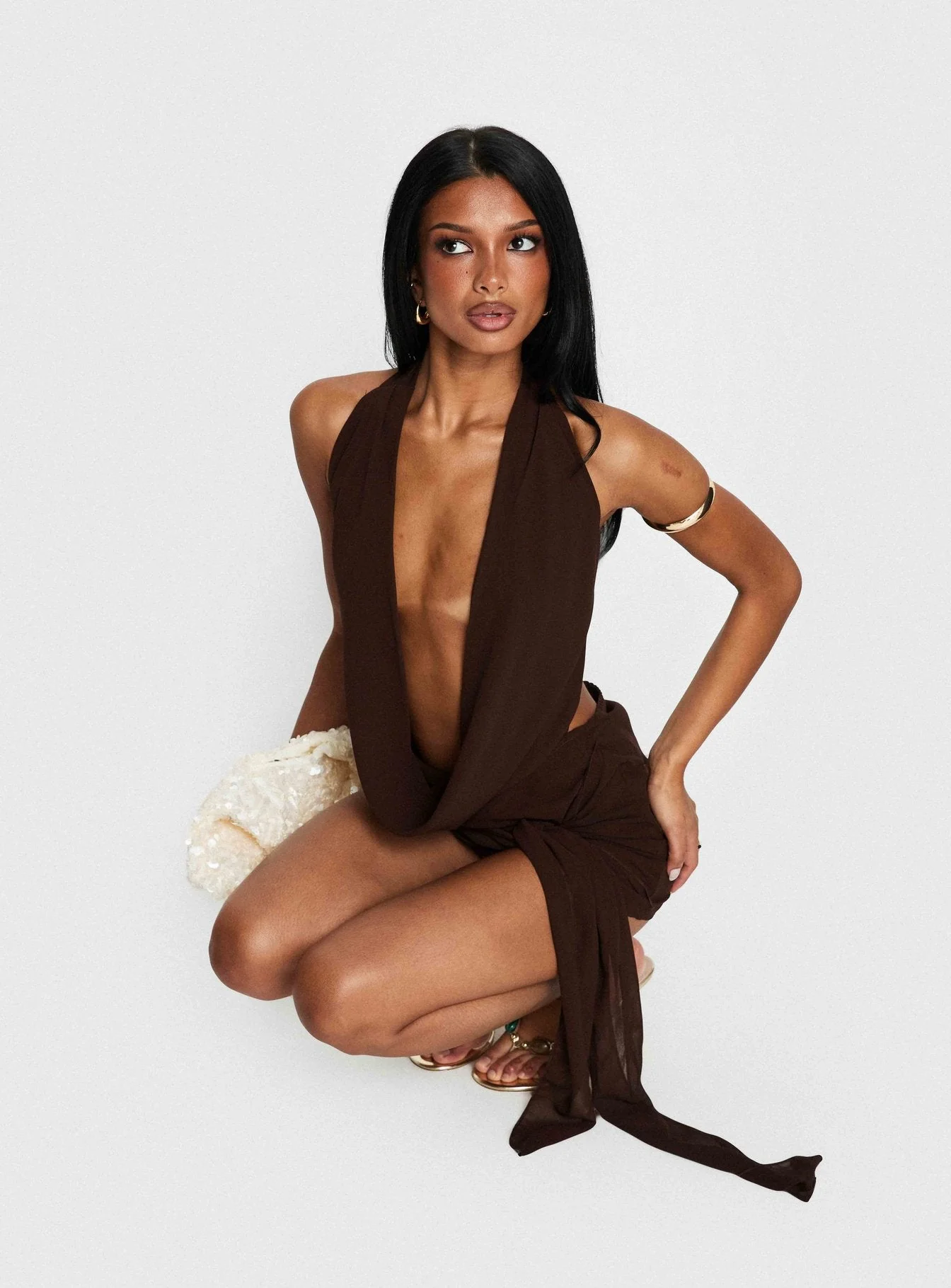 Snakepit Halter Plunge Mini Dress Chocolate - Image 9