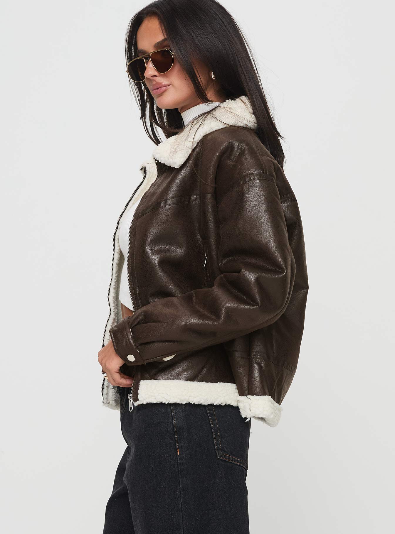 Solara Faux Leather Shearling Jacket Chocolate Petite - Image 4