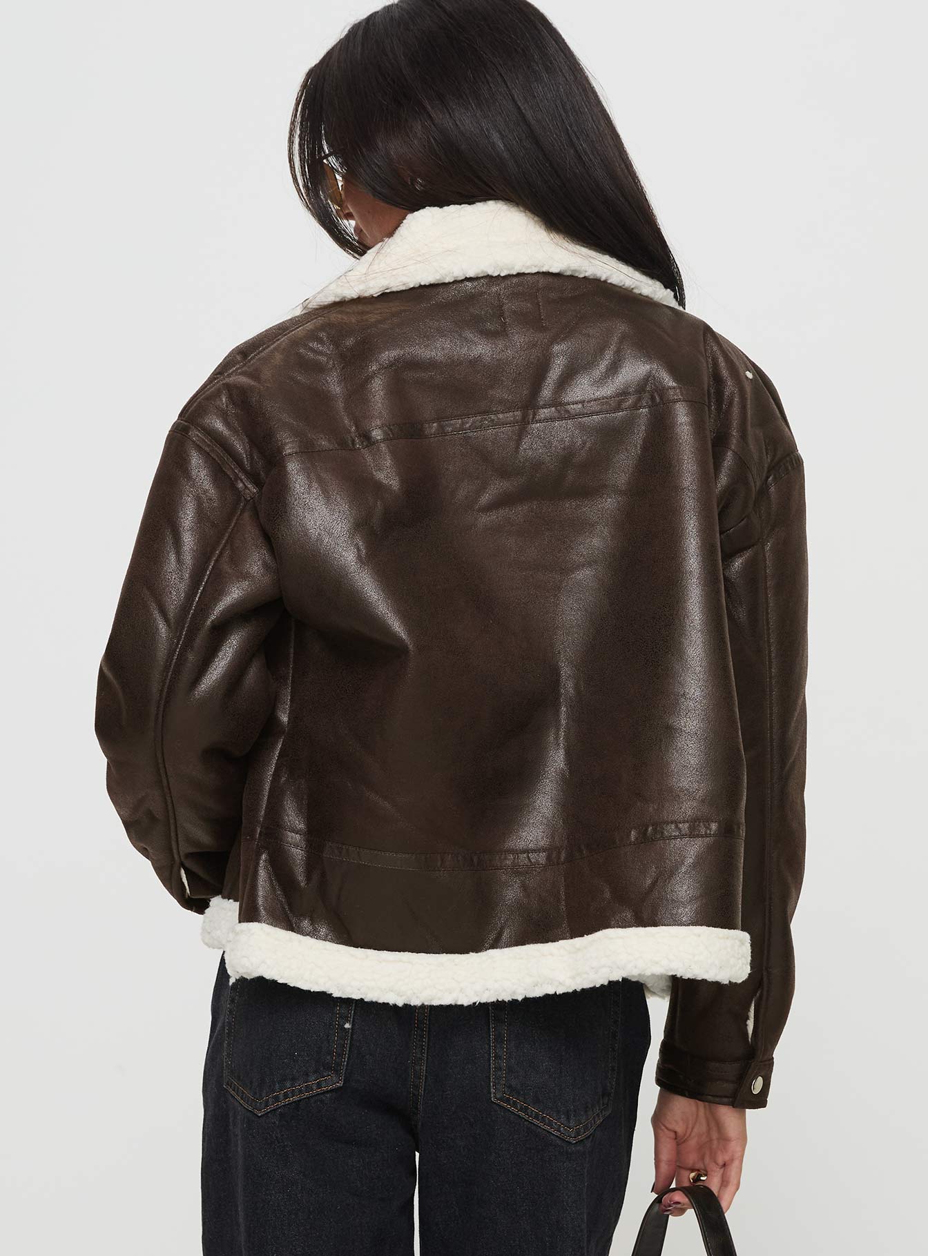 Solara Faux Leather Shearling Jacket Chocolate Petite - Image 5
