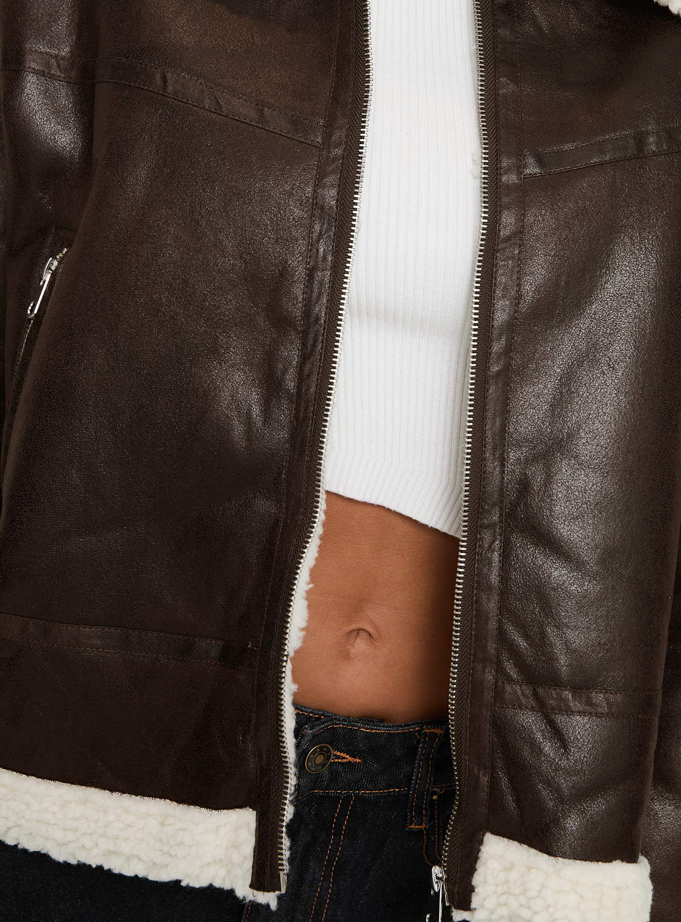 Solara Faux Leather Shearling Jacket Chocolate Petite - Image 6