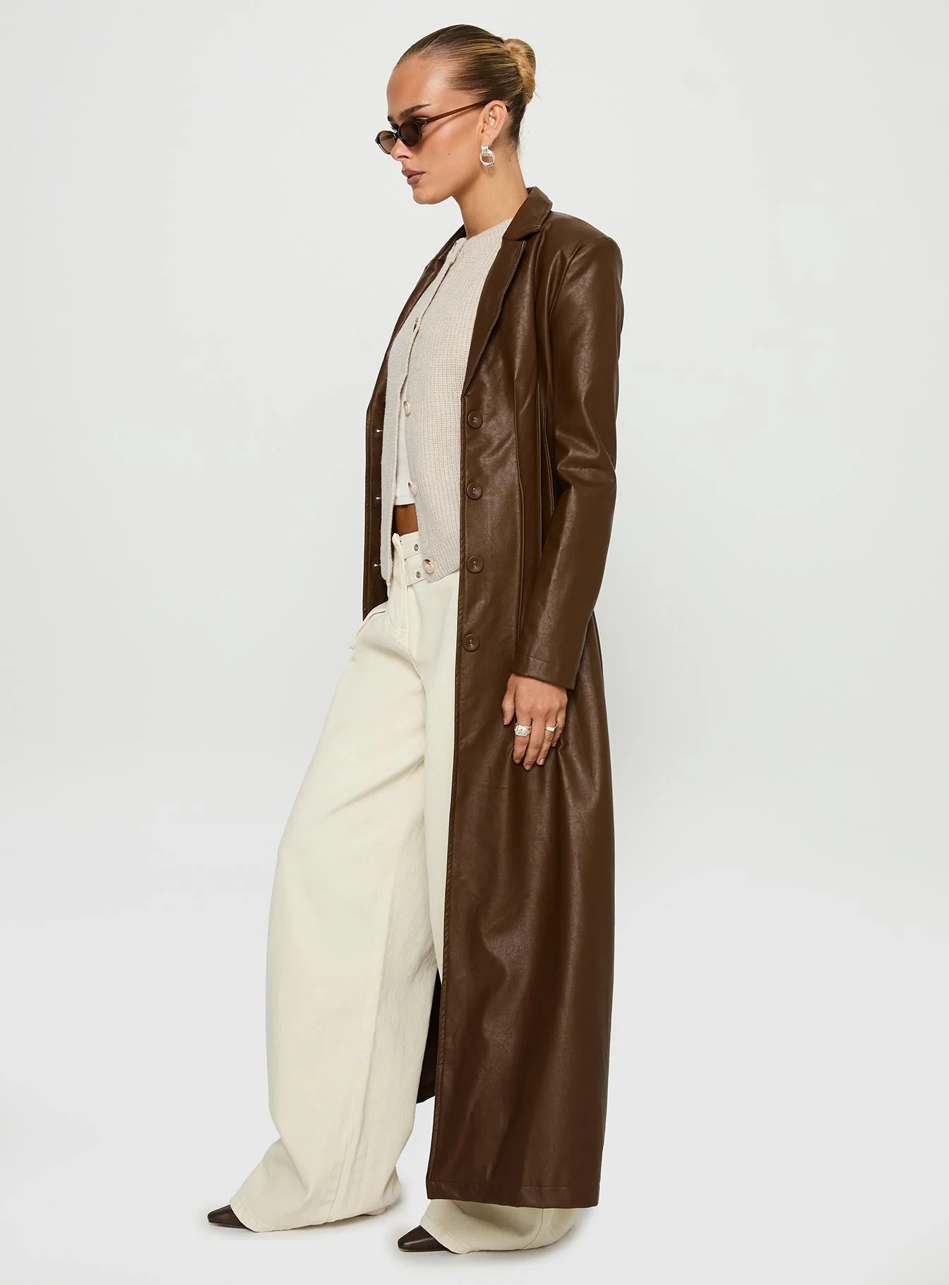 Speak Easy Long Line Faux Leather Coat Brown - Image 4