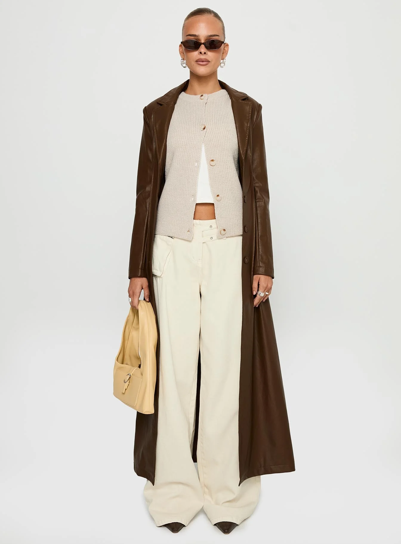 Speak Easy Long Line Faux Leather Coat Brown - Image 7