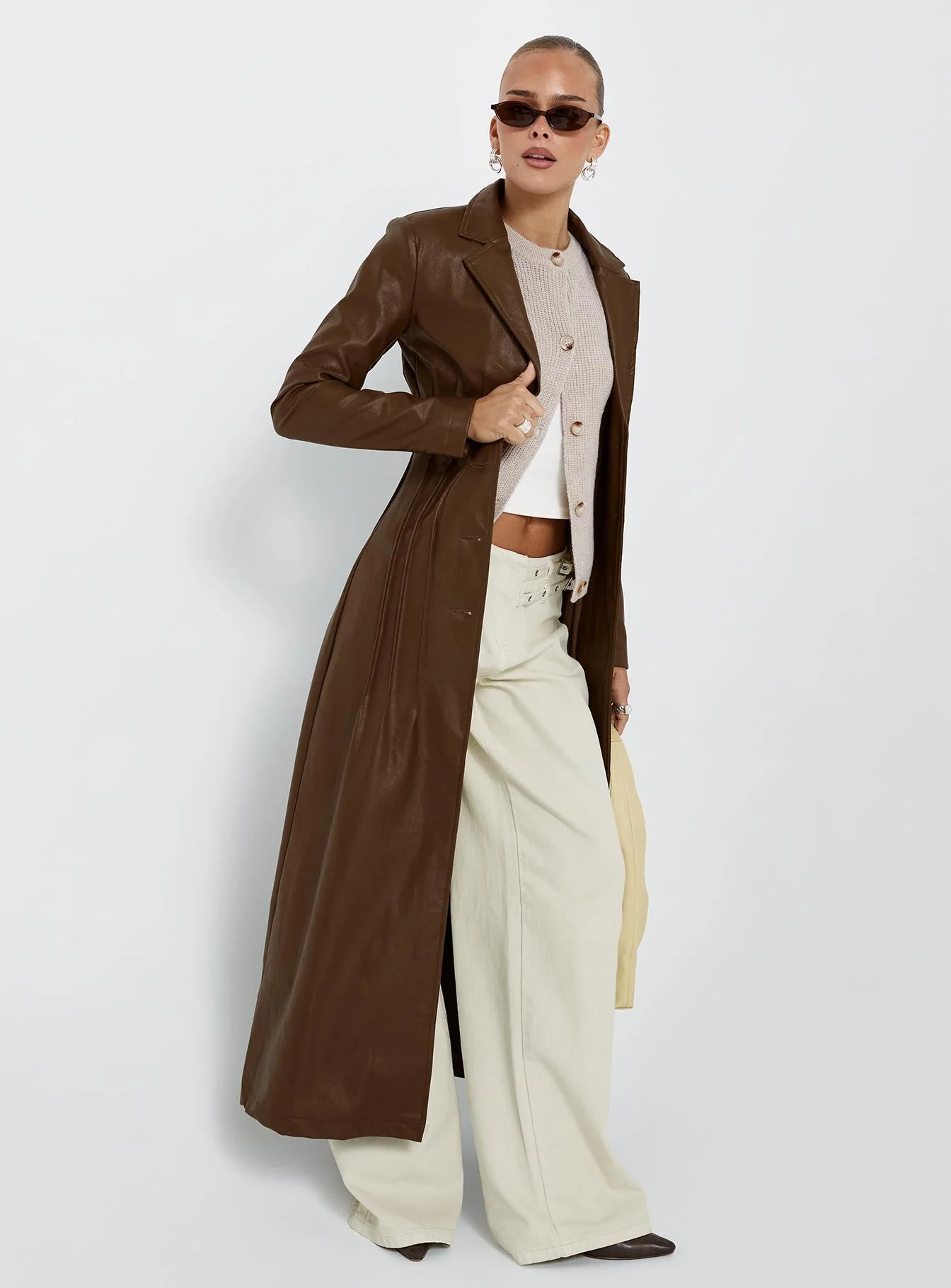 Speak Easy Long Line Faux Leather Coat Brown - Image 8