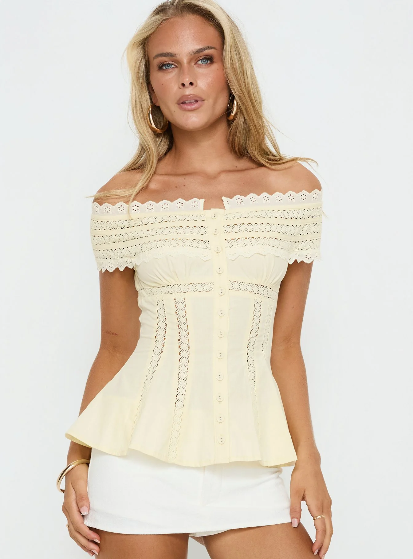 Stately Off Shoulder Lace Trim Top Lemon - Image 2