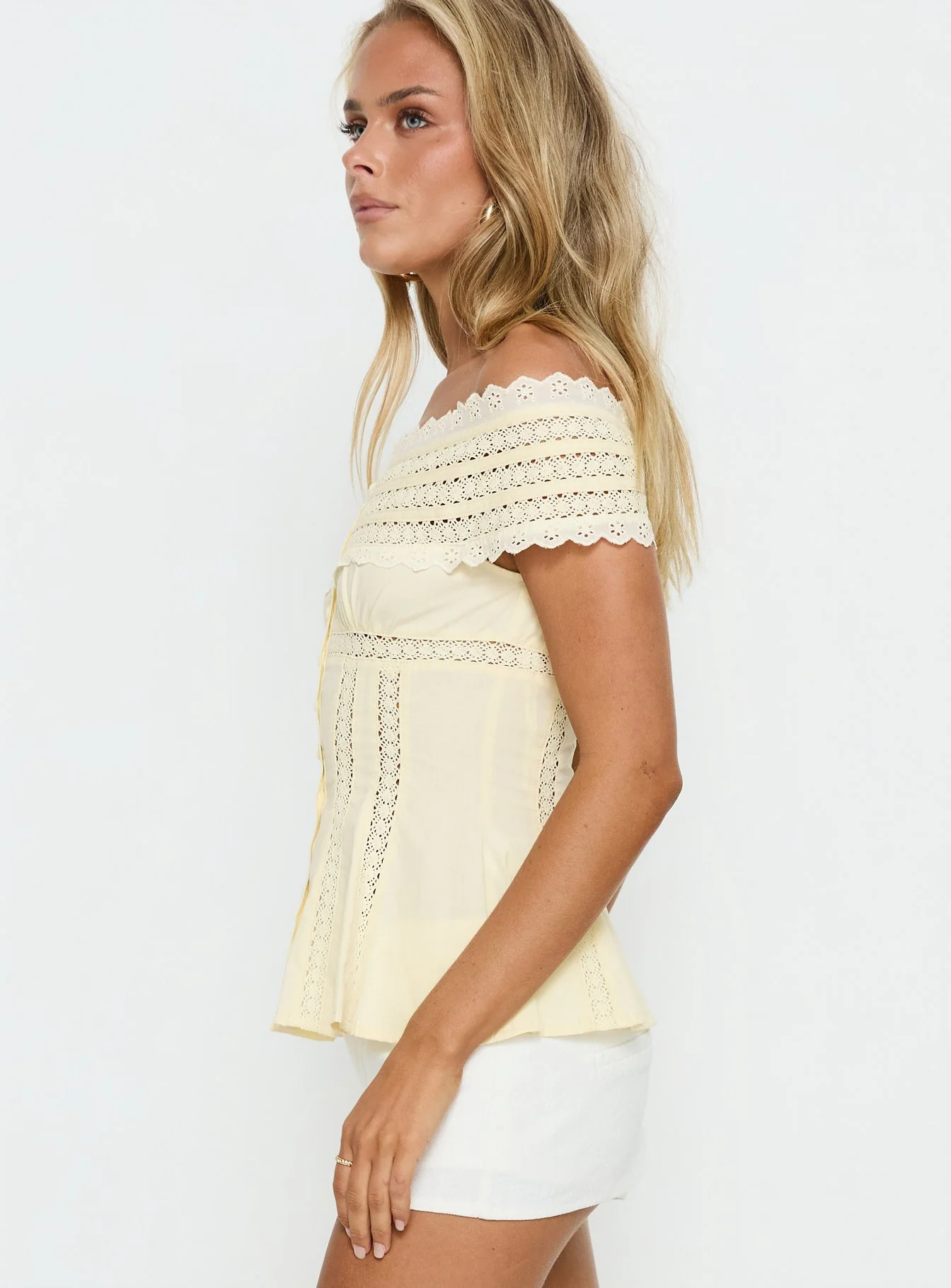 Stately Off Shoulder Lace Trim Top Lemon - Image 4