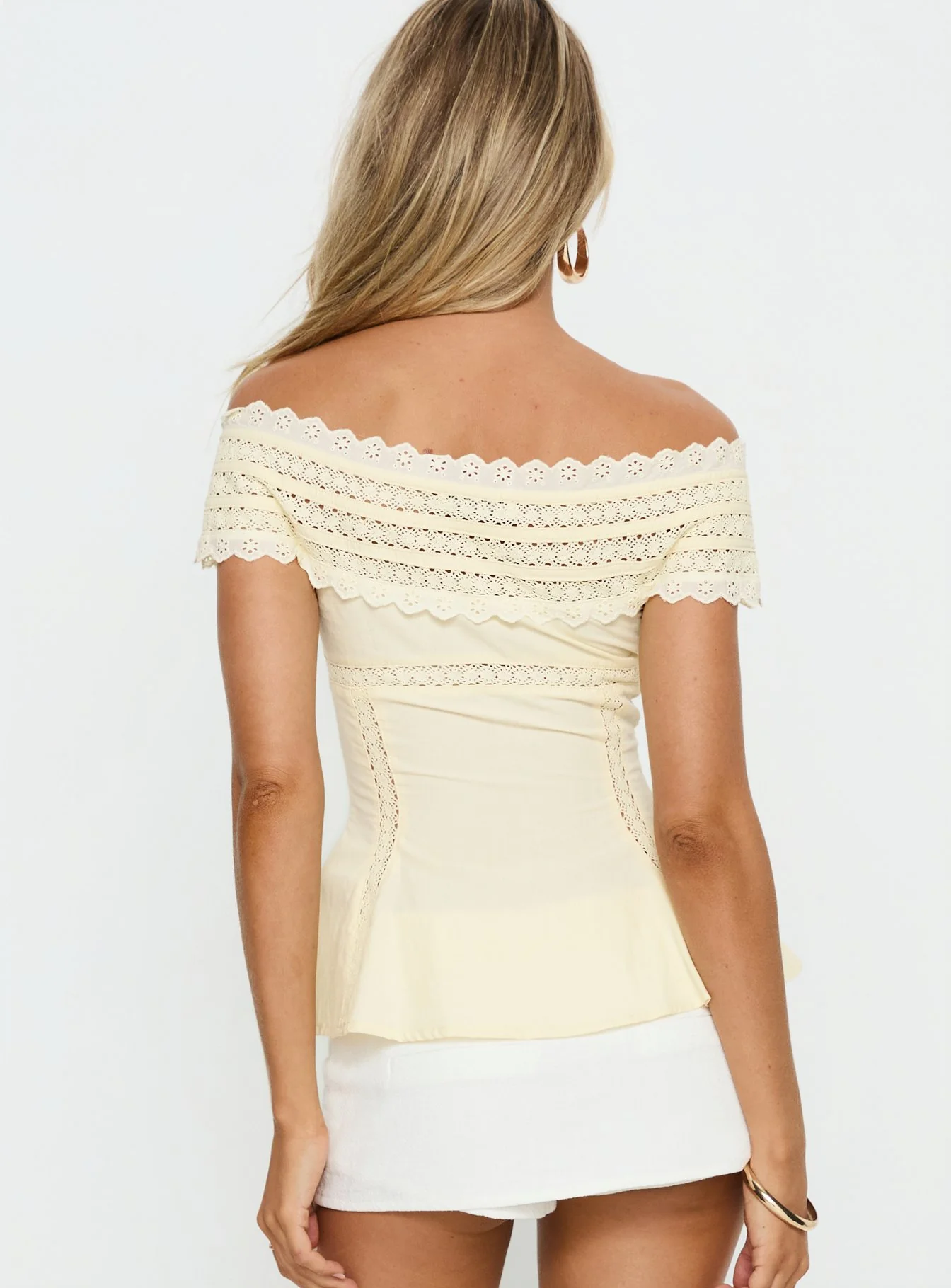 Stately Off Shoulder Lace Trim Top Lemon - Image 5