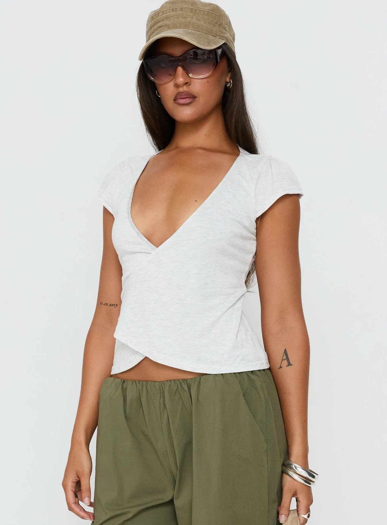 Stefanee Short Sleeve Wrap Top Light Grey Marle - Image 2