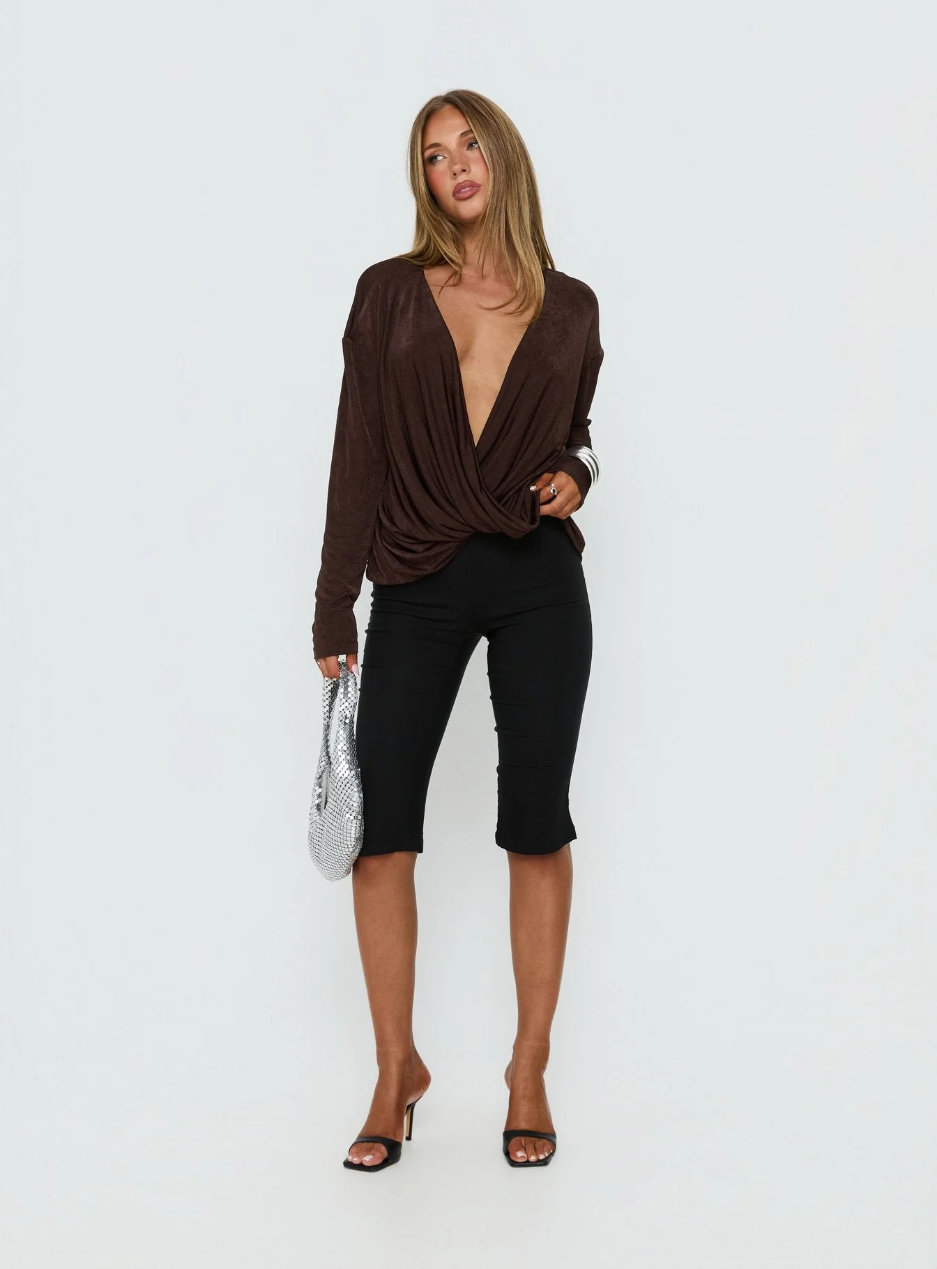Tit For Tat Long Sleeve Draped Top Chocolate - Image 2