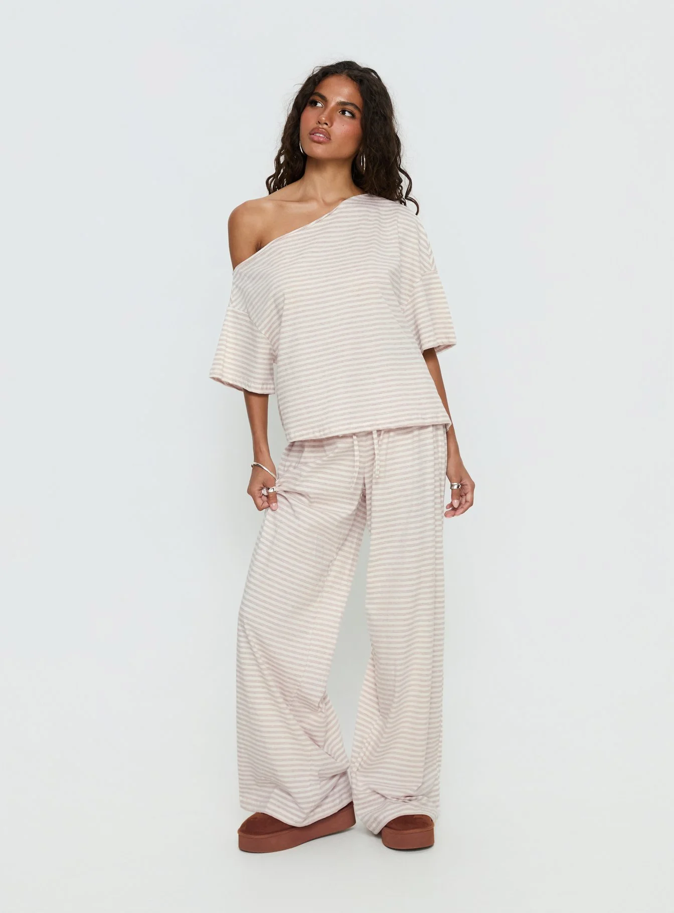 Tobie Off Shoulder Sleep Set Beige Stripe - Image 2