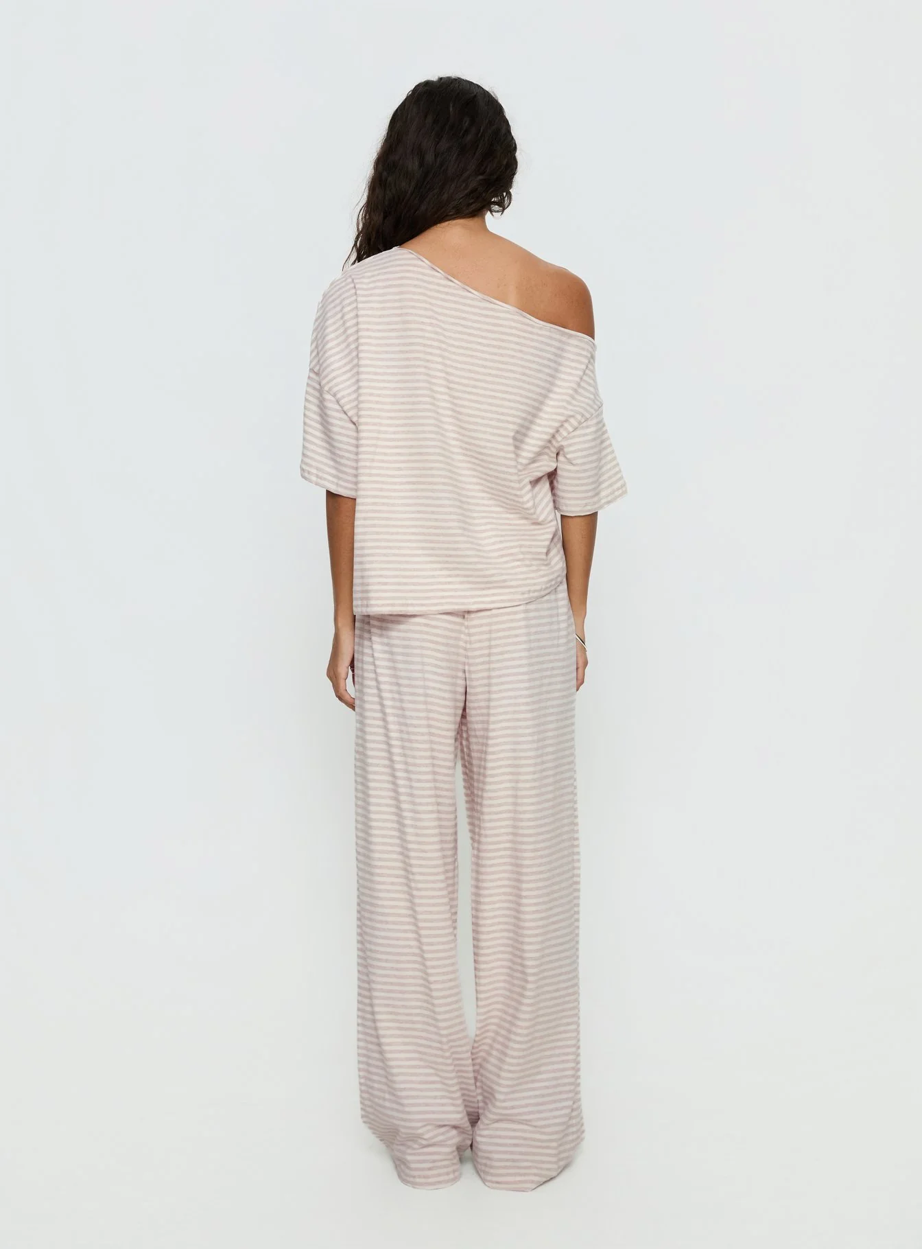 Tobie Off Shoulder Sleep Set Beige Stripe - Image 6