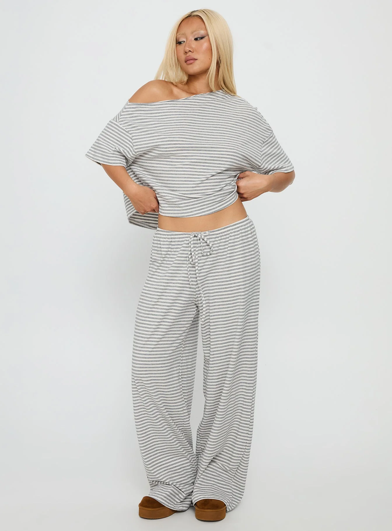 Tobie Off Shoulder Sleep Set Grey Stripe - Image 2