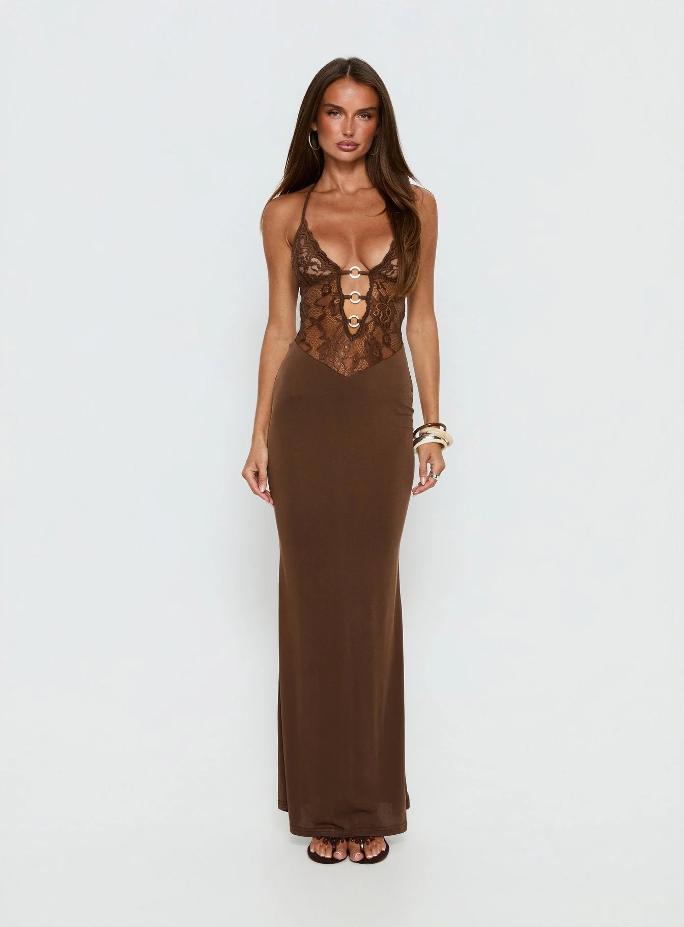 Totema Lace Halter Maxi Dress Chocolate - Image 7