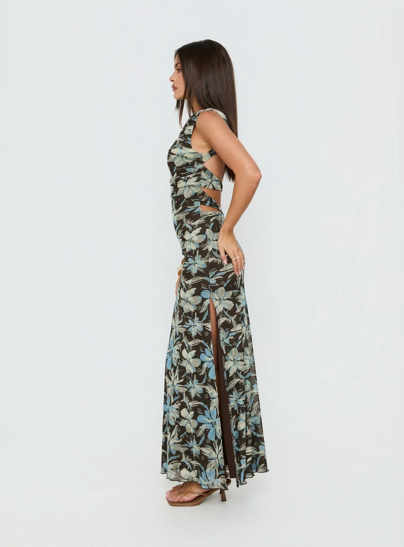 Undeniable Cut Out Maxi Dress Brown Floral Multi - Image 3