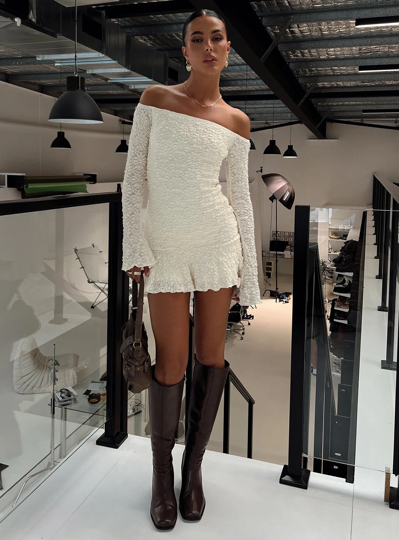 Vancesca Off Shoulder Long Sleeve Mini Dress Petite - Image 8