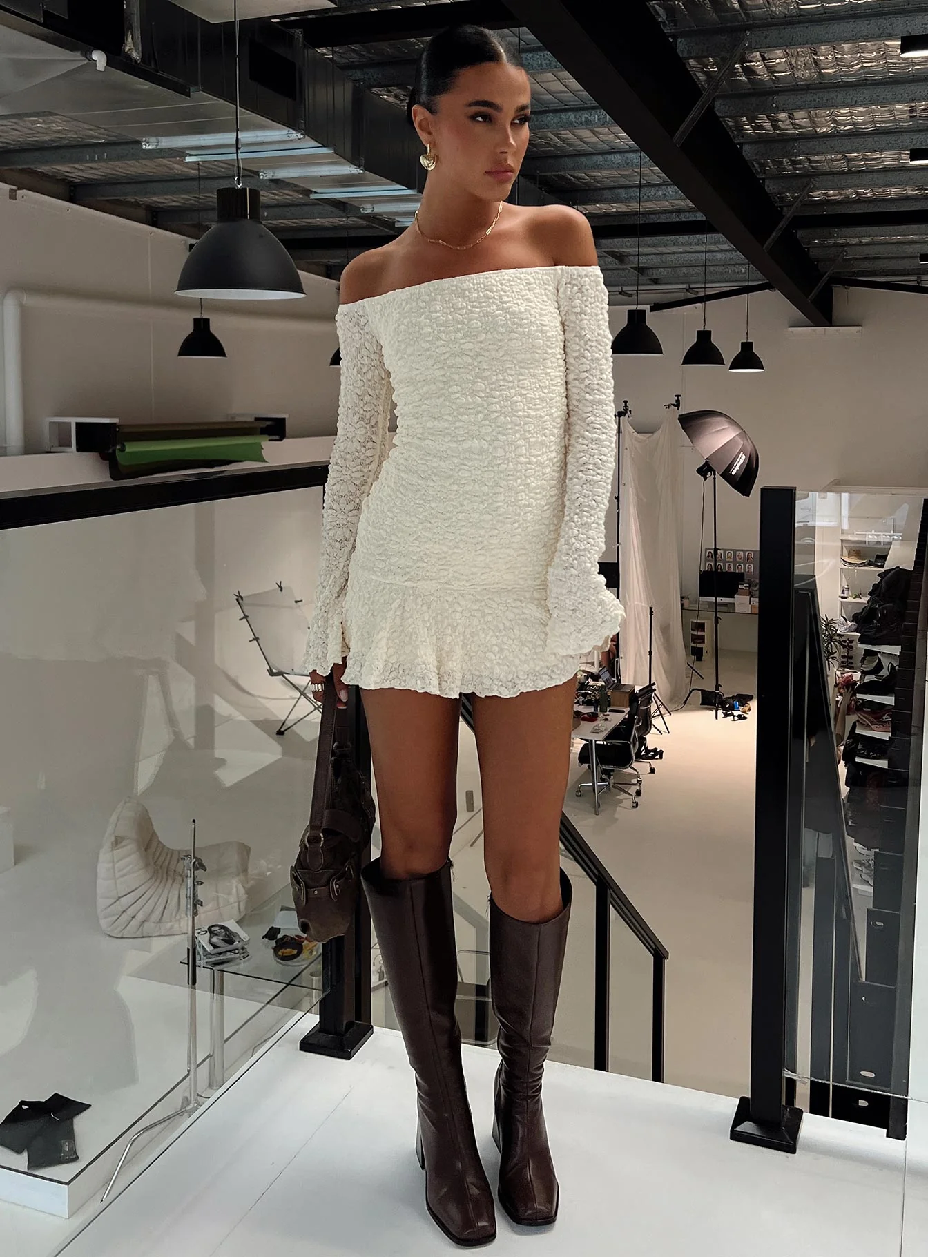 Vancesca Off Shoulder Long Sleeve Mini Dress Petite - Image 9