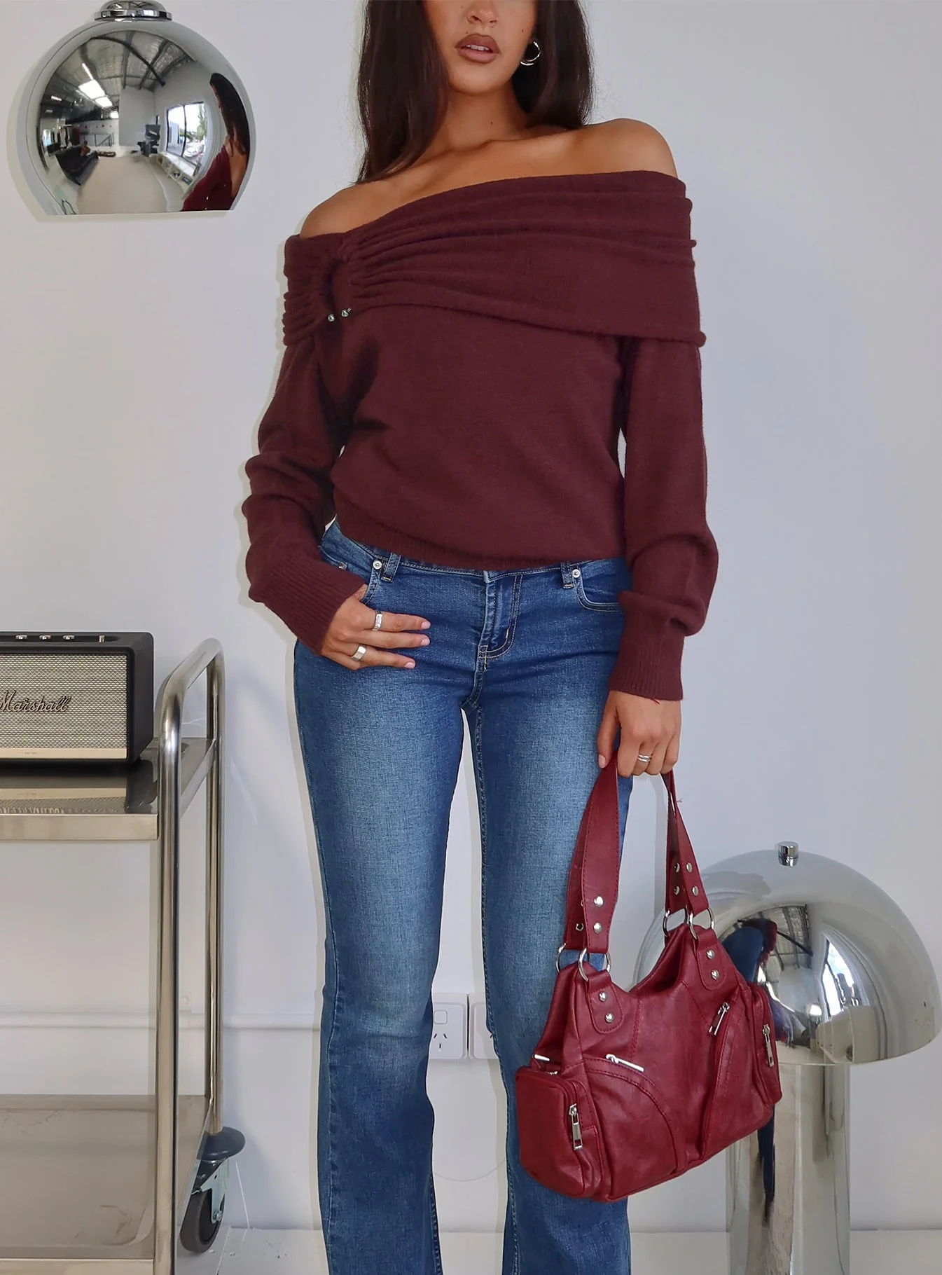 Viora Off Shoulder Knit Sweater Wine - Image 8