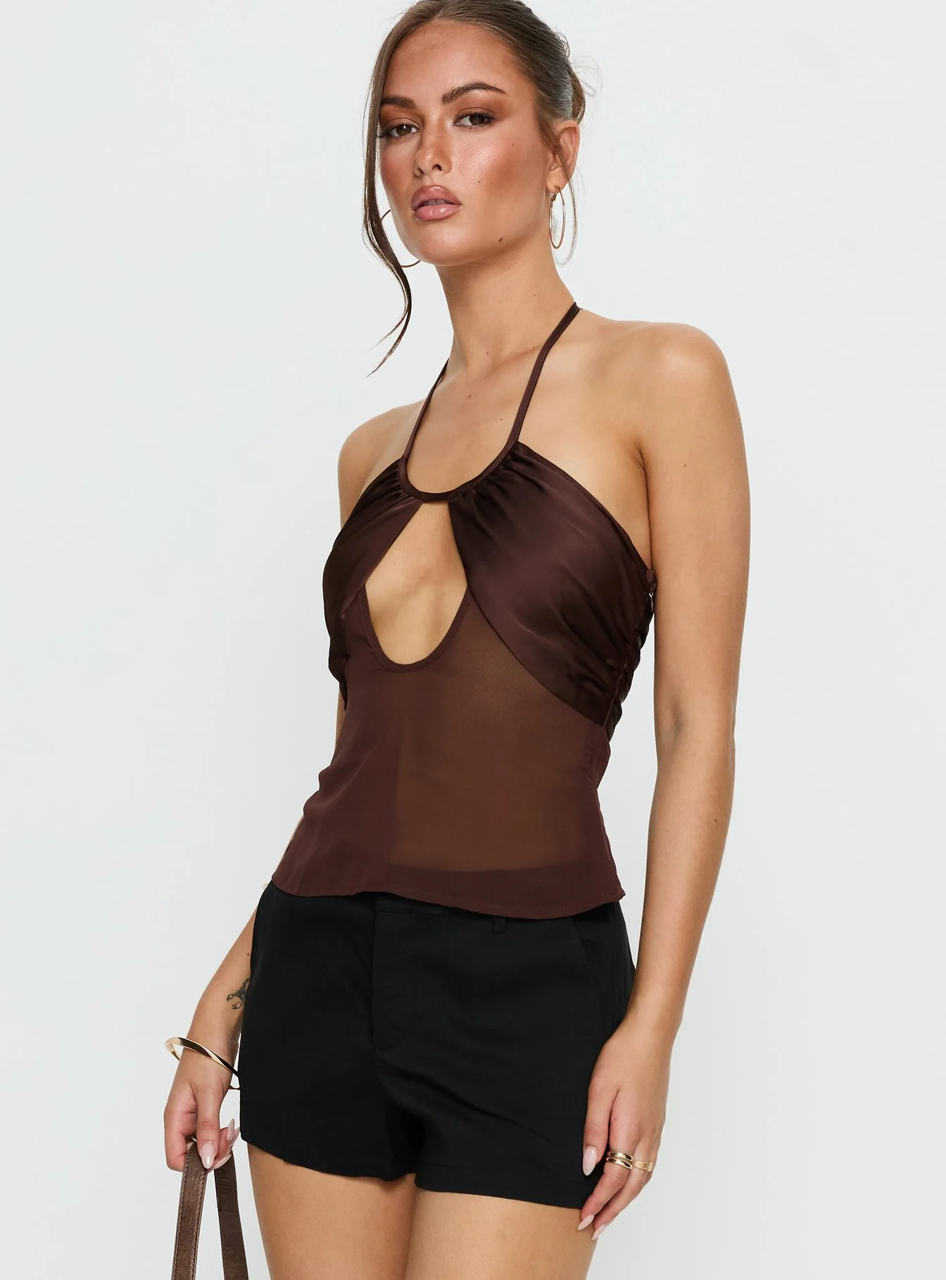 Whisperer Halter Chiffon Top Brown - Image 3