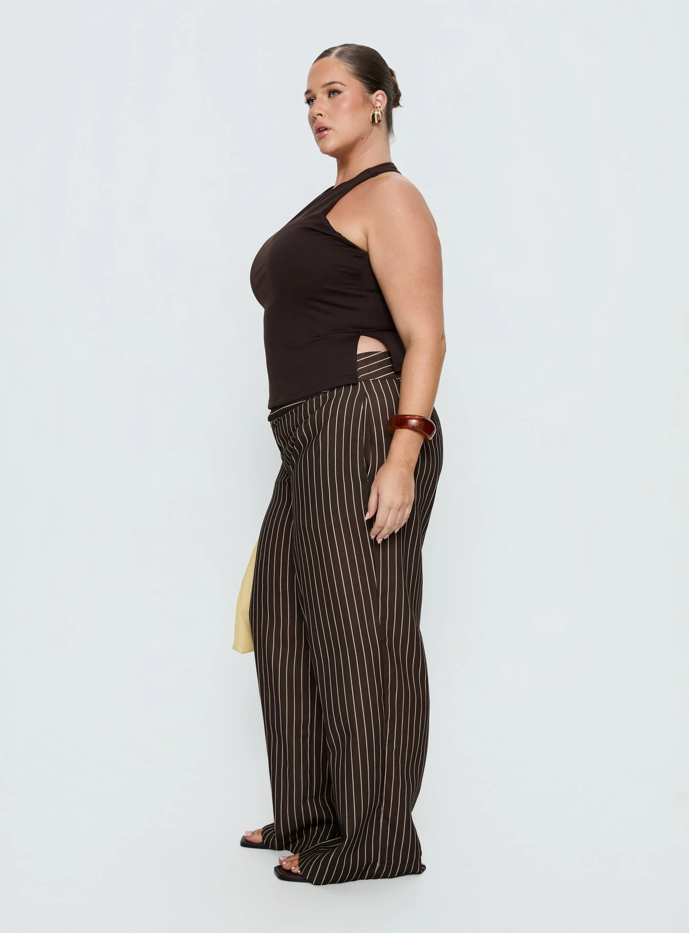Winslie Thick Waistband Buckle Pants Chocolate Stripe Curve - Image 3