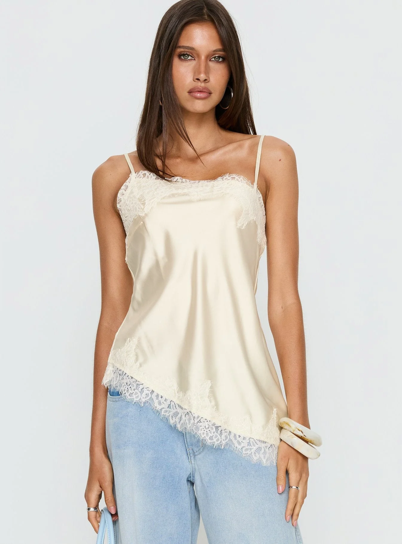 Winta Lace Trim Asymmetrical Satin Top Cream - Image 2