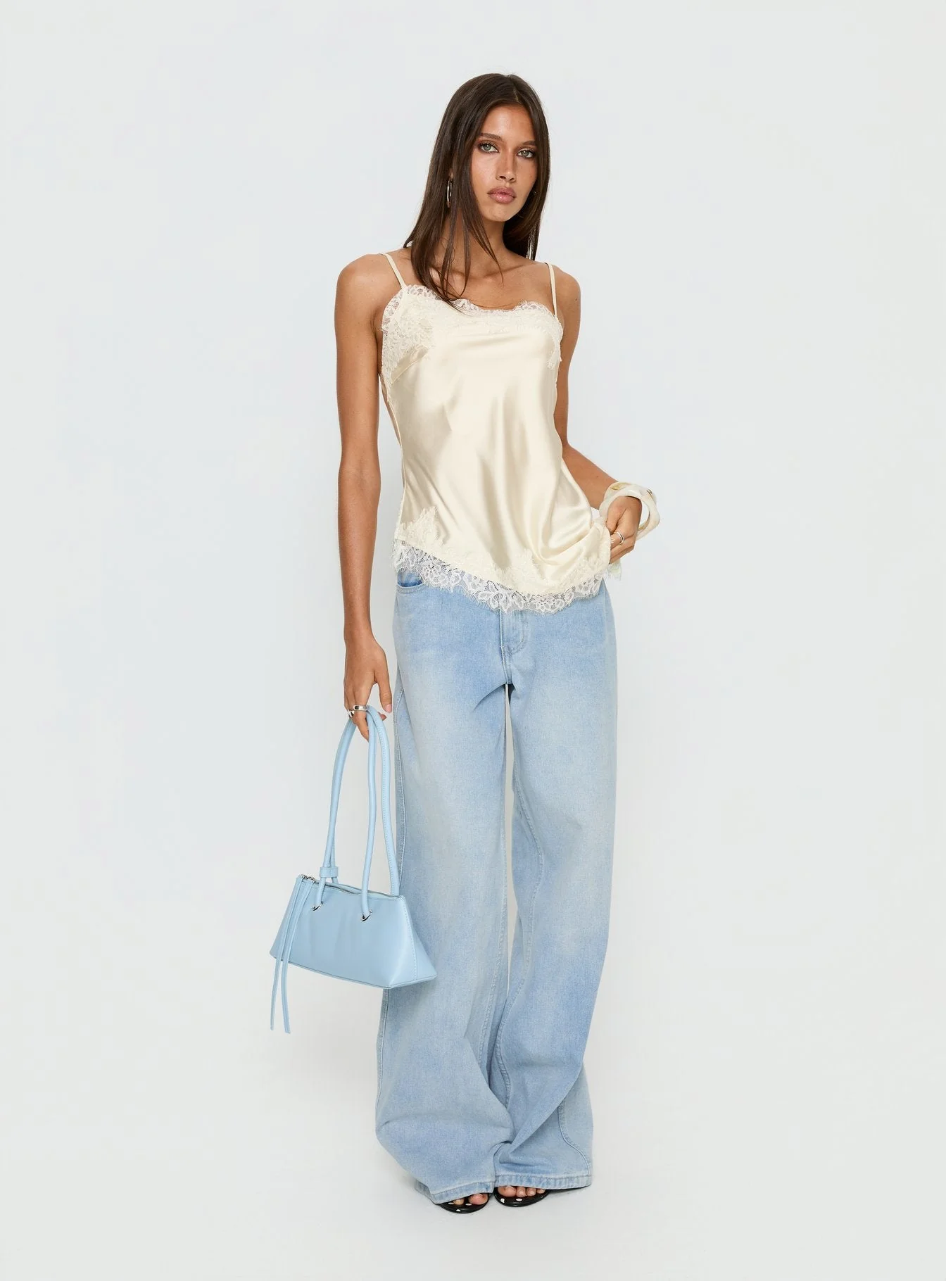 Winta Lace Trim Asymmetrical Satin Top Cream - Image 3