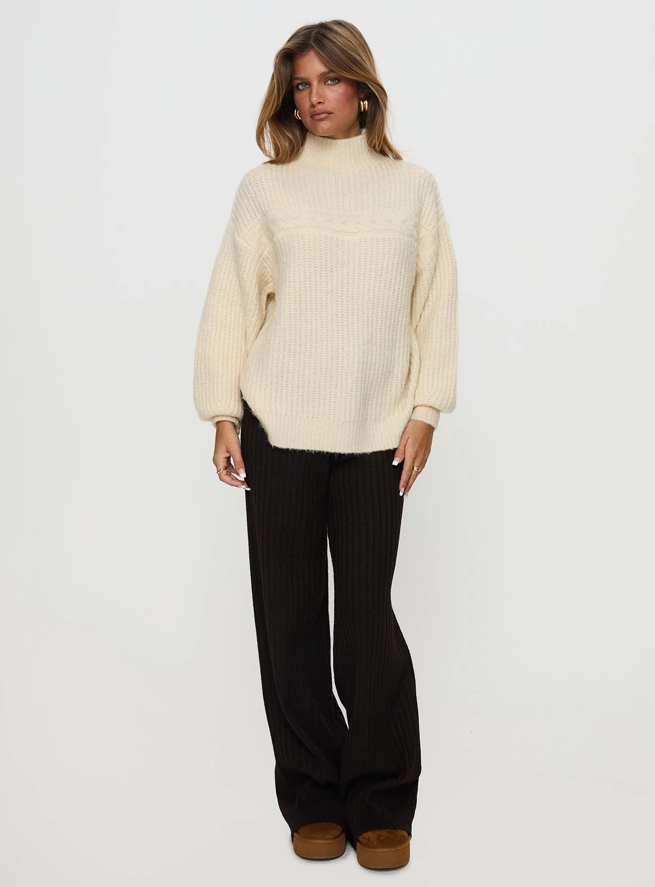 Wistfully Funnel Neck Knit Sweater Cream - Image 2