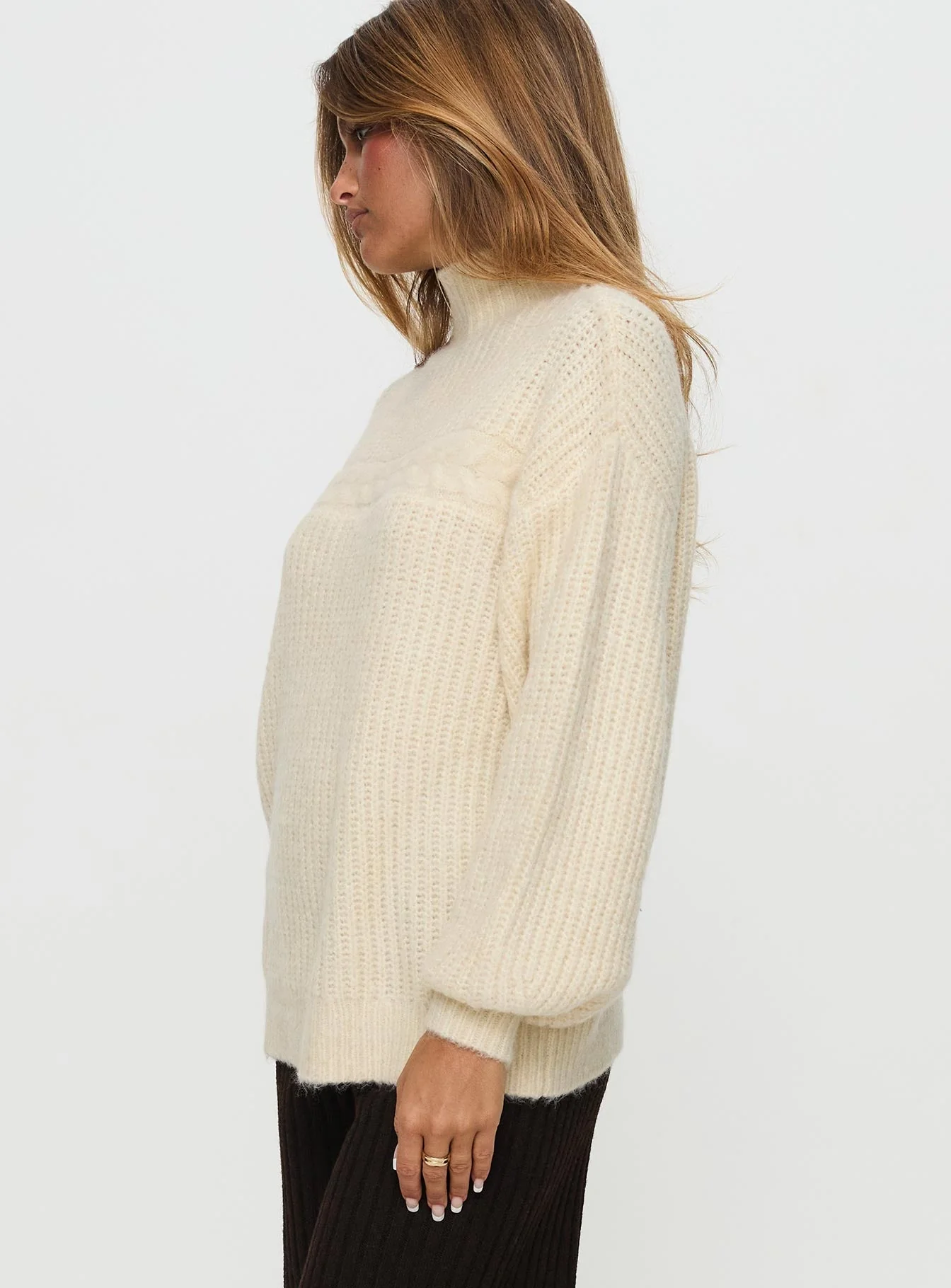 Wistfully Funnel Neck Knit Sweater Cream - Image 3