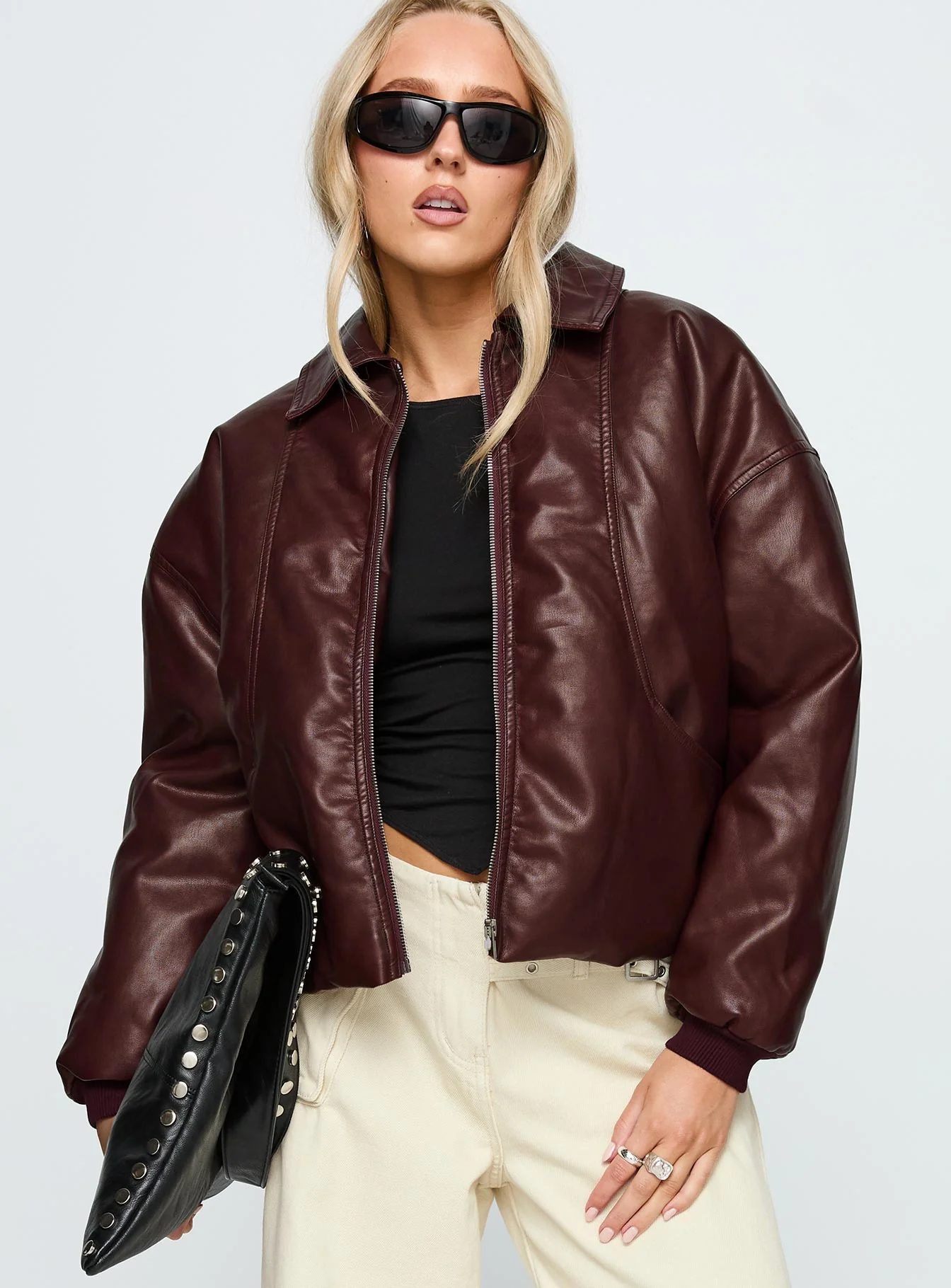 Worldwide Faux Leather Jacket Burgundy - Image 2