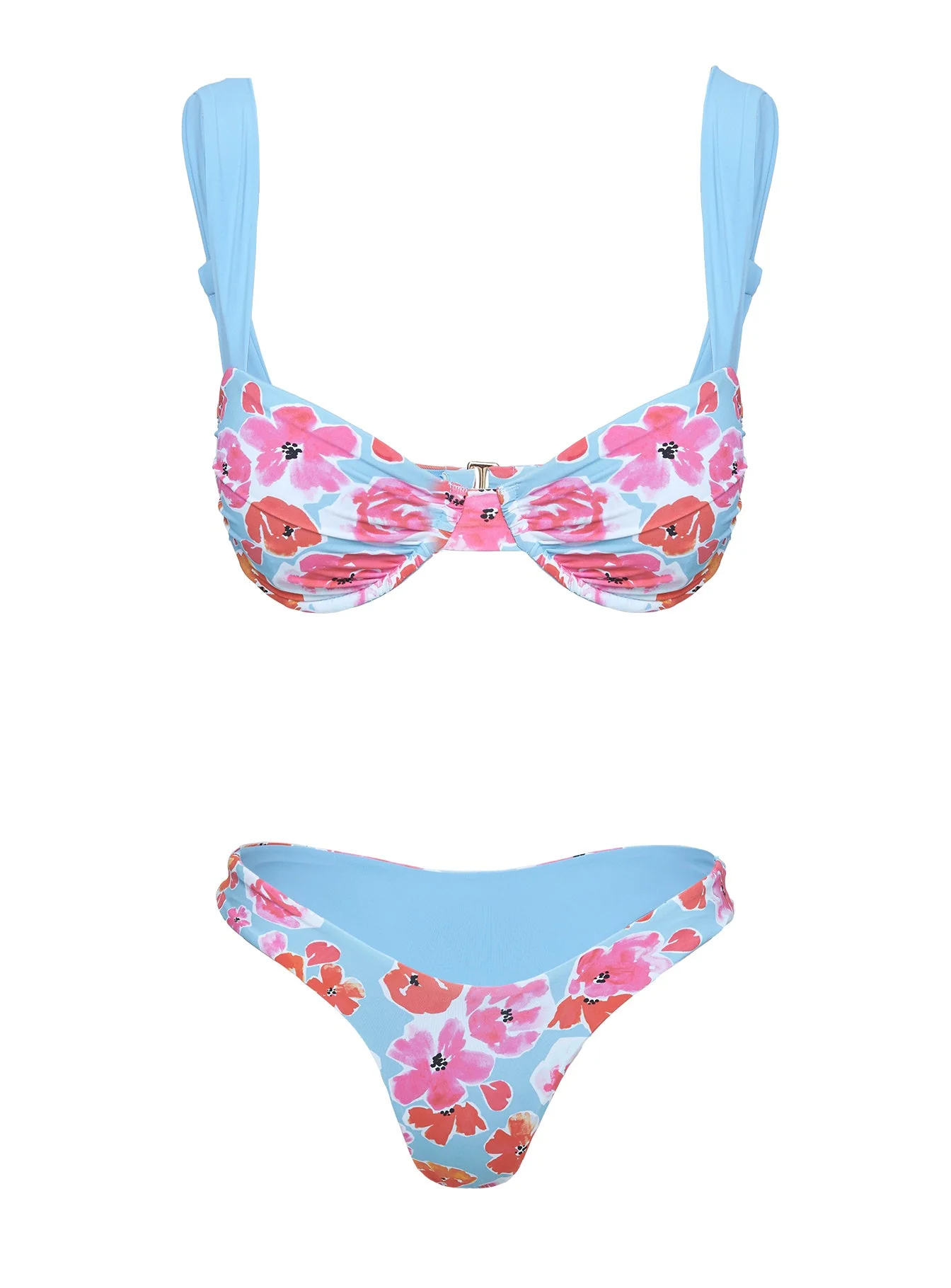 Yenna High Cut Ruched Bikini Bottoms Floral Blue / Pink - Image 5
