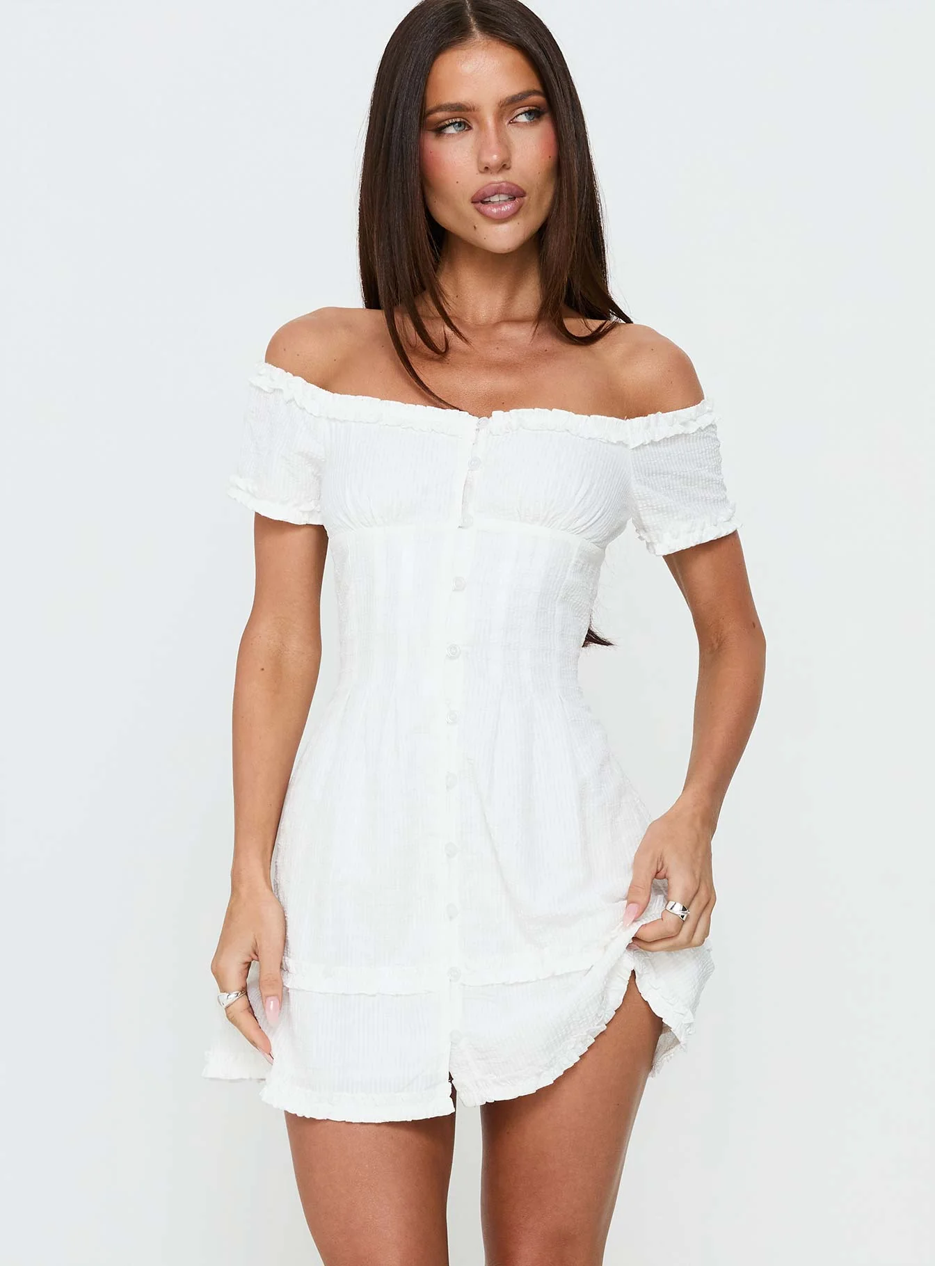 Zoela Off Shoulder Ruffle Mini Dress White - Image 2