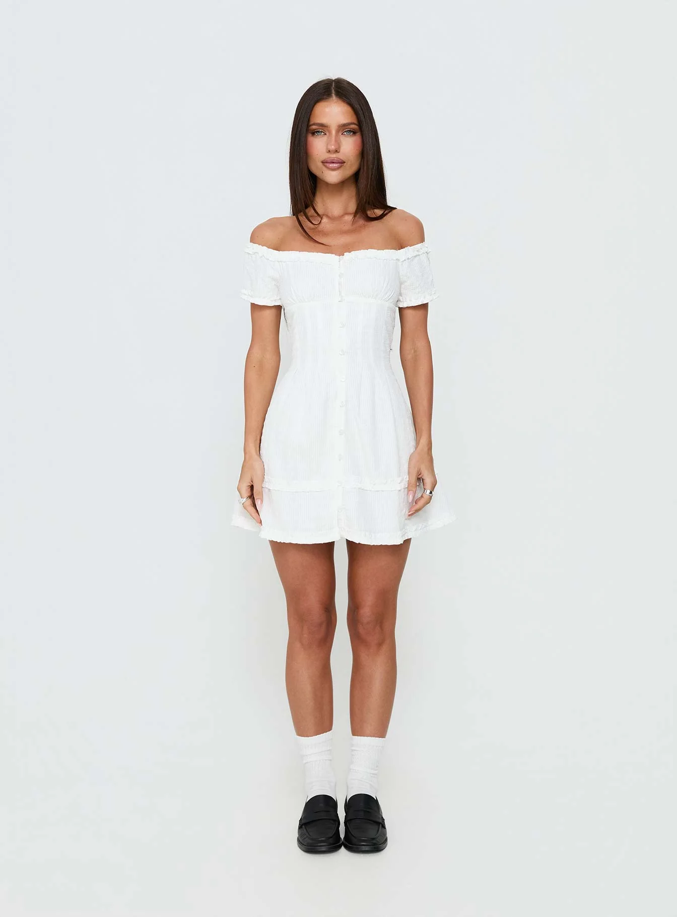 Zoela Off Shoulder Ruffle Mini Dress White - Image 8